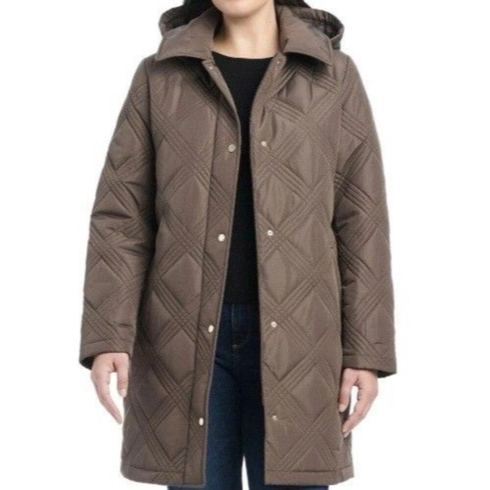 Jones New York Womens Belted Quilted Puffer Jacket M Medium Dark Brown Coat NWT